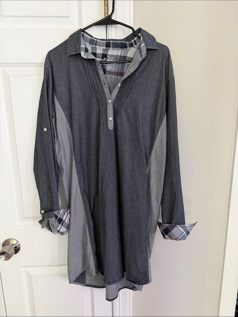 Kuhl Long Sleeve Tunic Dress in Charcoal and Light Gray with Plaid Trim